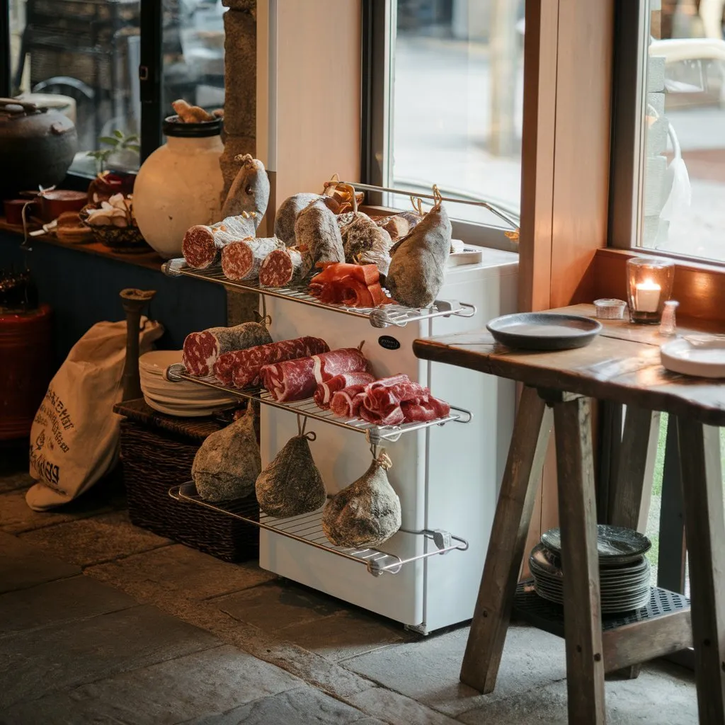 Refrigerated display case with cured charcuterie and slices of meat next to a large window