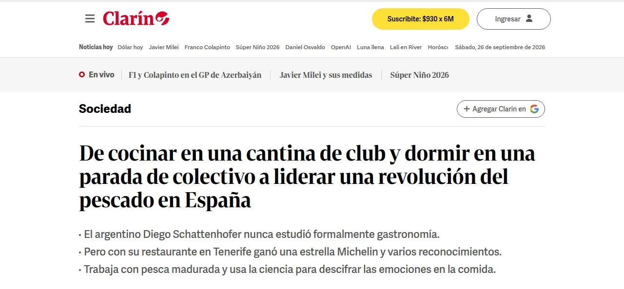 Cabecera del artículo de Clarín, en la sección Sociedad, con el titular del perfil de Diego Schattenhofer y su sumario
