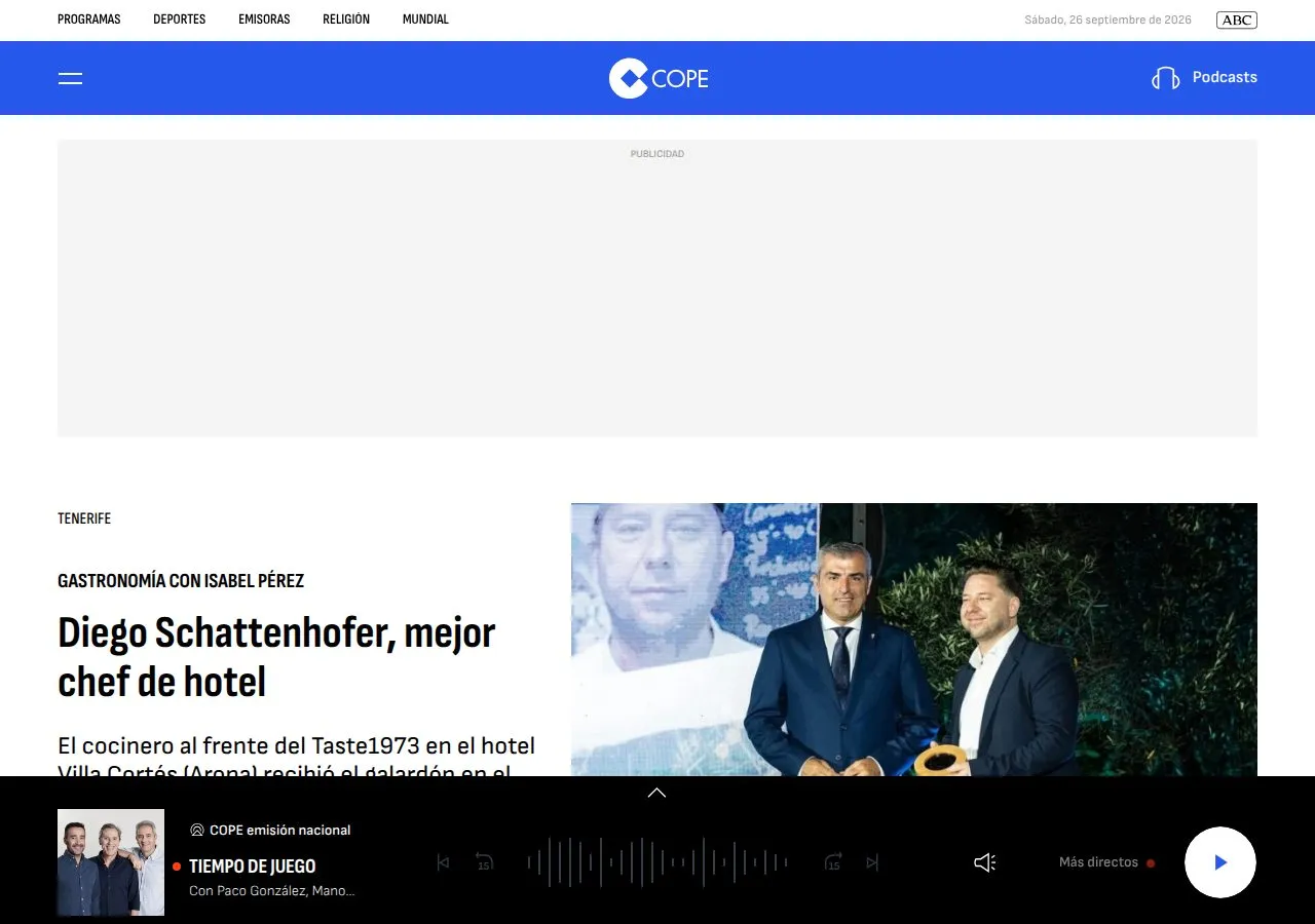 Cabecera de la pieza de COPE Tenerife «Diego Schattenhofer, mejor chef de hotel», con la foto de la entrega del galardón