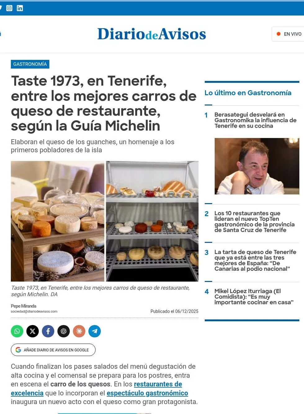 Cabecera del artículo de Diario de Avisos sobre el carro de quesos de Taste 1973