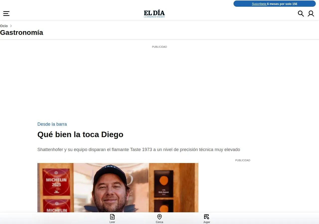 Cabecera de la columna de El Día, en la sección de Ocio y Gastronomía, con el titular «Qué bien la toca Diego»