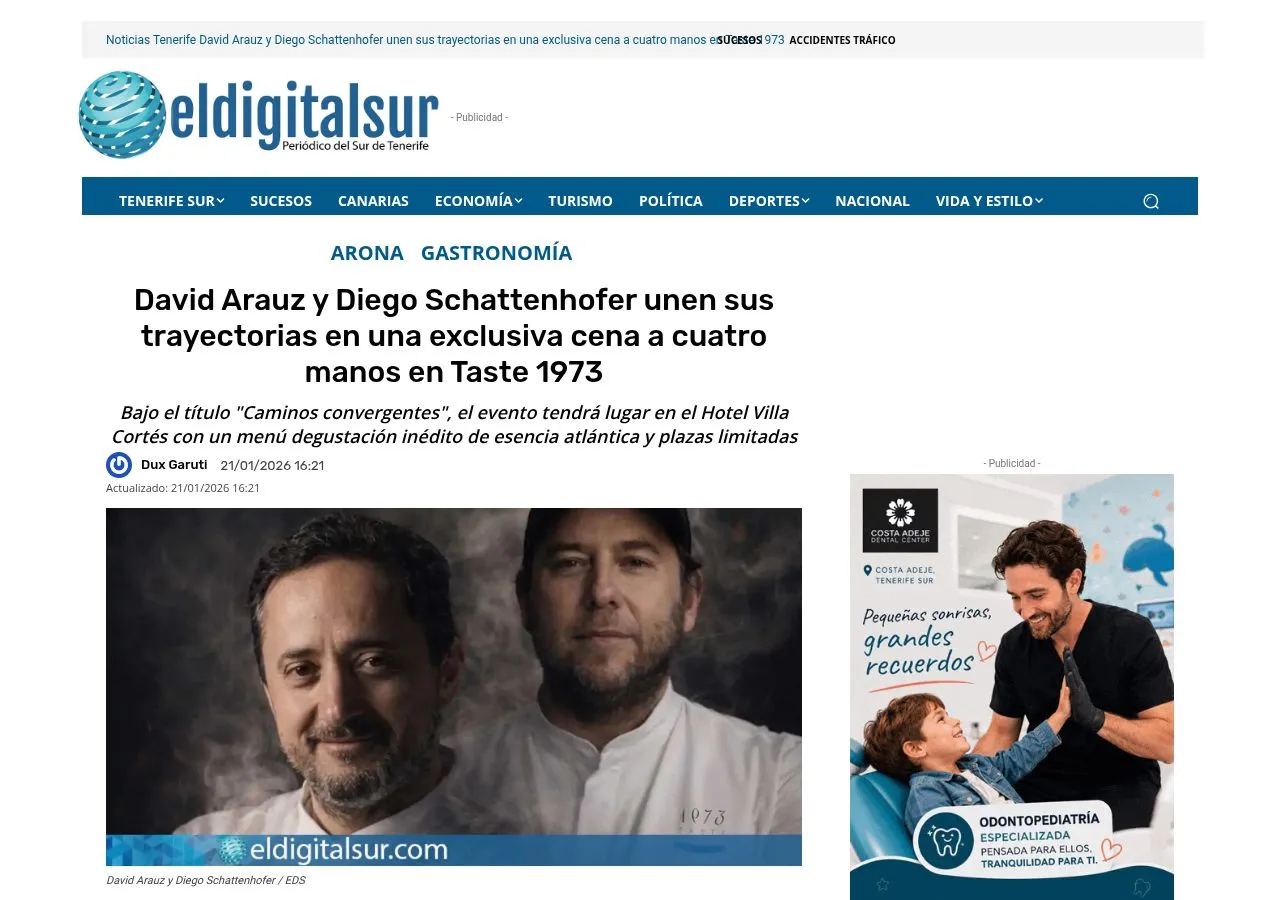 Cabecera del artículo de El Digital Sur sobre la cena a cuatro manos de David Arauz y Diego Schattenhofer en Taste 1973