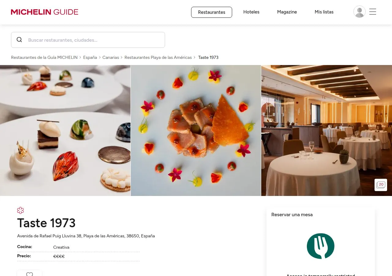 Cabecera de la ficha de Taste 1973 en la Guía MICHELIN, con fotografías de los platos y del comedor