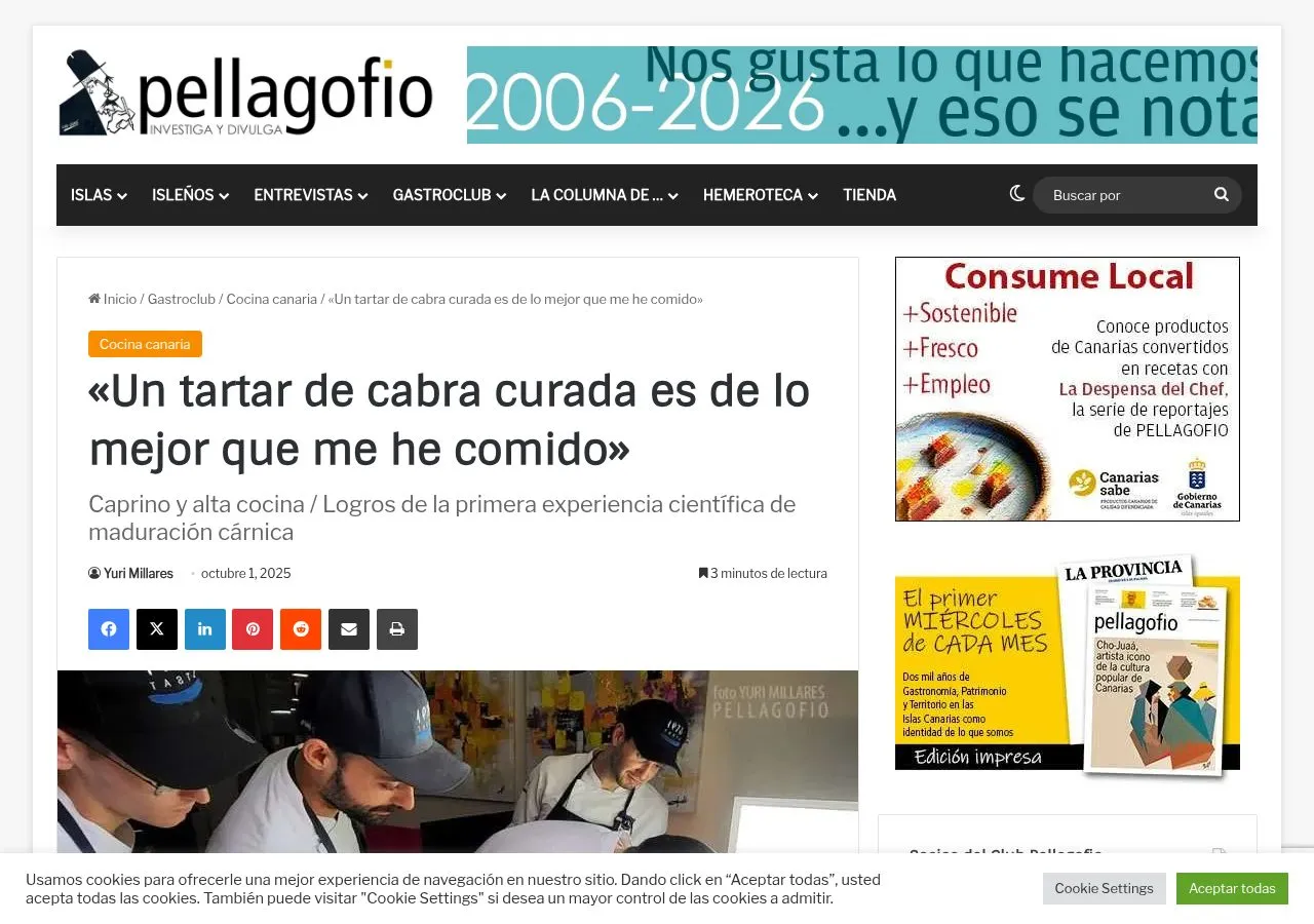 Cabecera del artículo de Pellagofio con el titular «Un tartar de cabra curada es de lo mejor que me he comido»