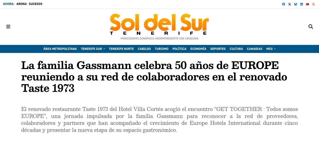 Cabecera del artículo de Sol del Sur Tenerife sobre el encuentro GET TOGETHER en el renovado Taste 1973