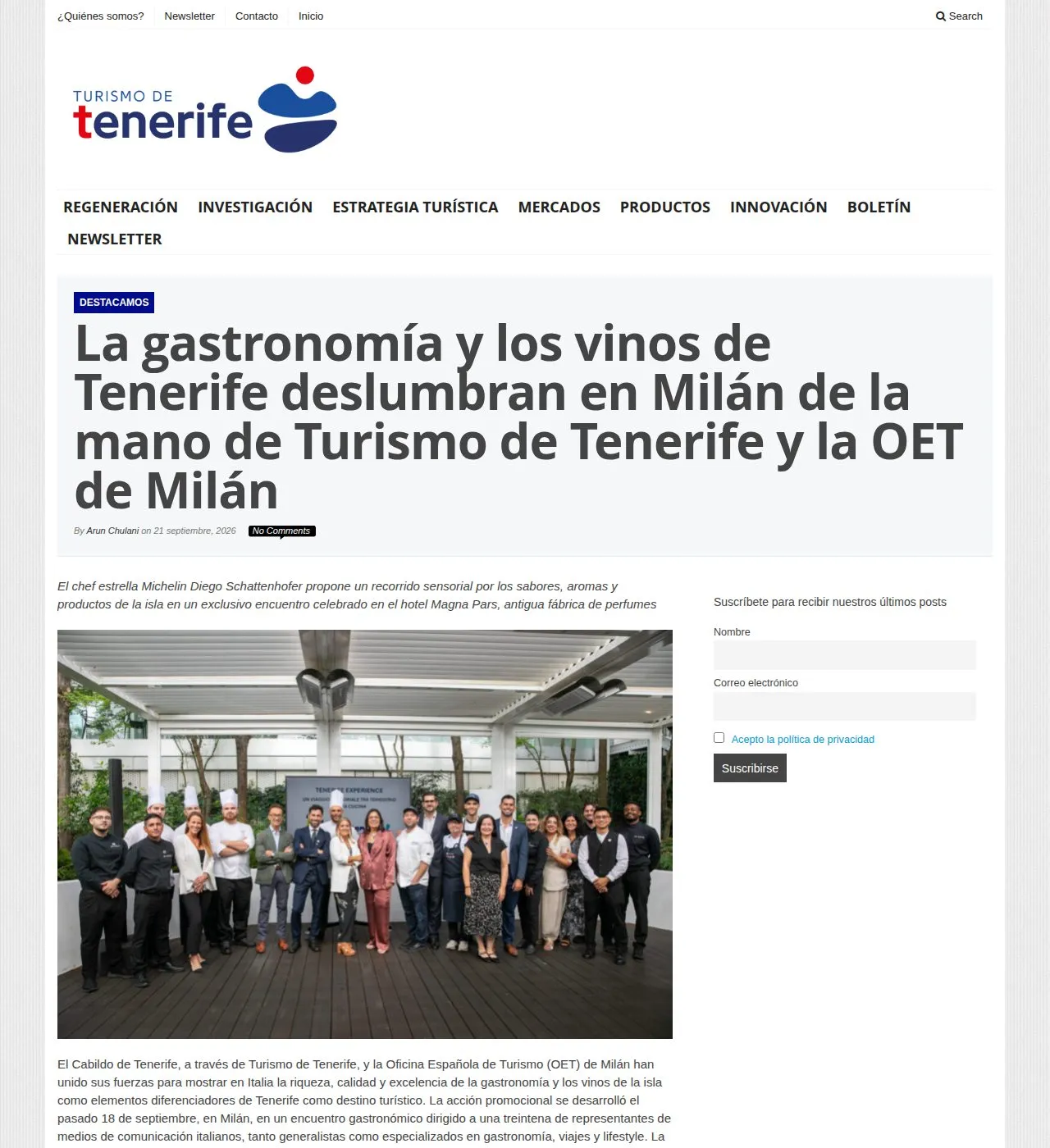 Cabecera del artículo del blog corporativo de Turismo de Tenerife: el titular a toda página, la firma de Arun Chulani y la foto de familia del encuentro de Milán