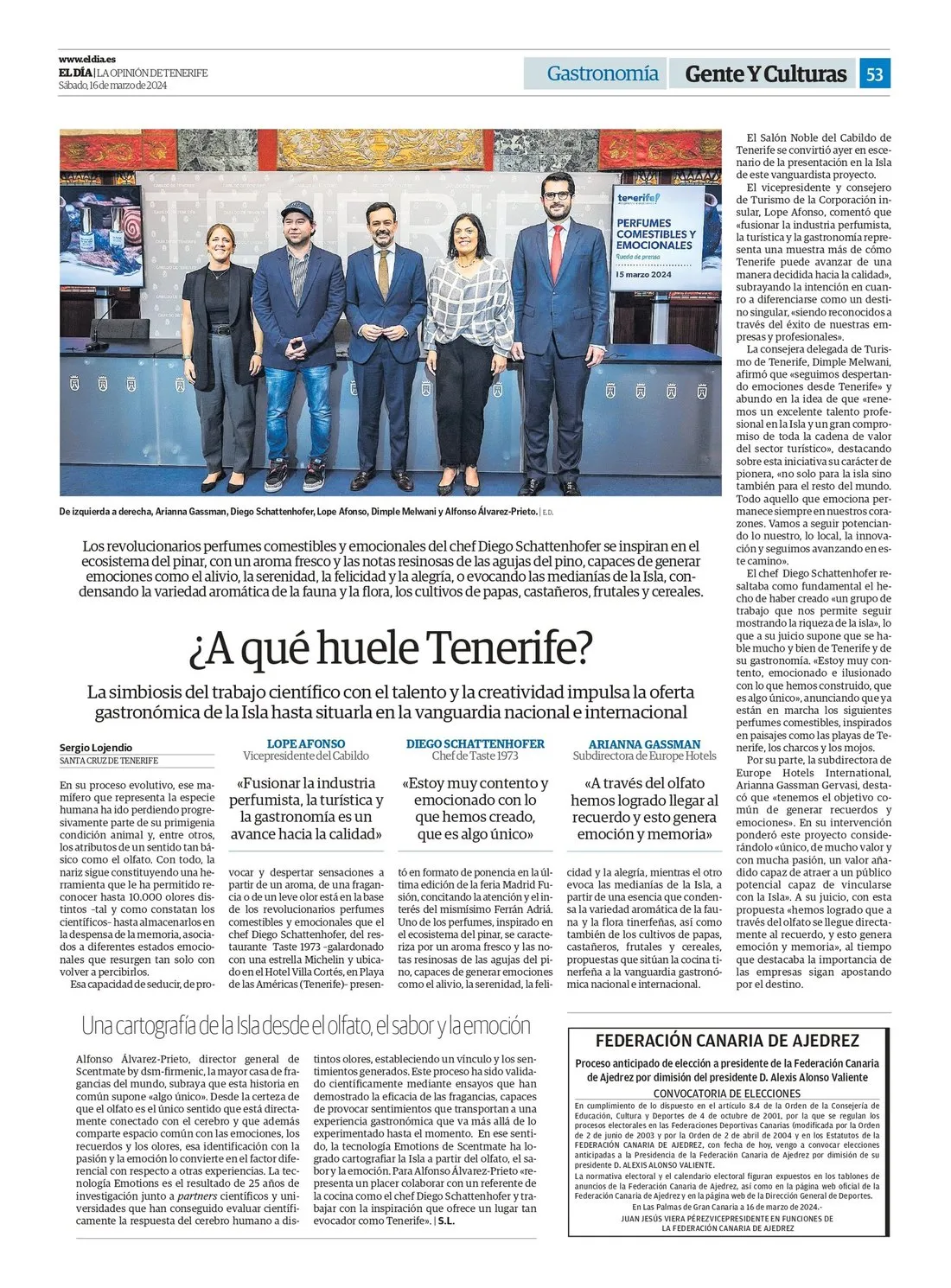 Page of the newspaper El Día titled “What does Tenerife smell like?” on edible perfumes