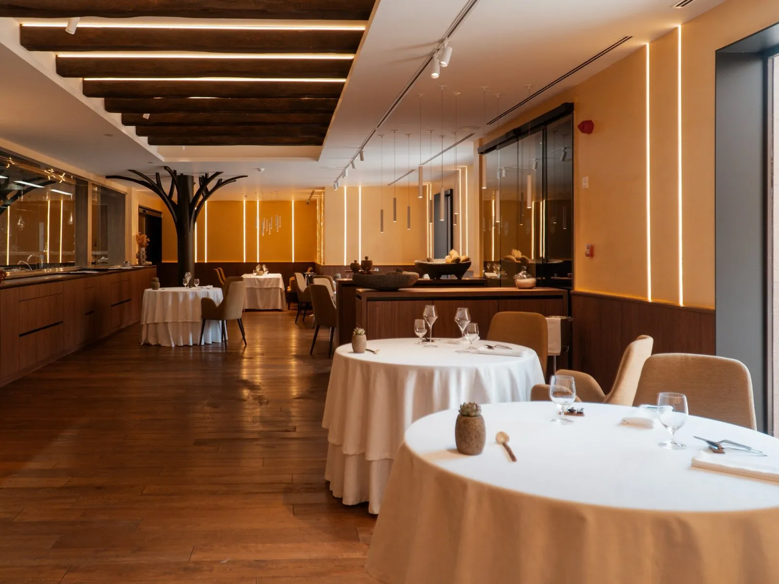Sala de Taste 1973 con vigas de madera en el techo, una columna con forma de árbol al fondo y mesas redondas vestidas con mantel blanco