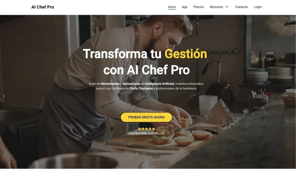 AI Chef Pro homepage with a cook plating a dish in the background