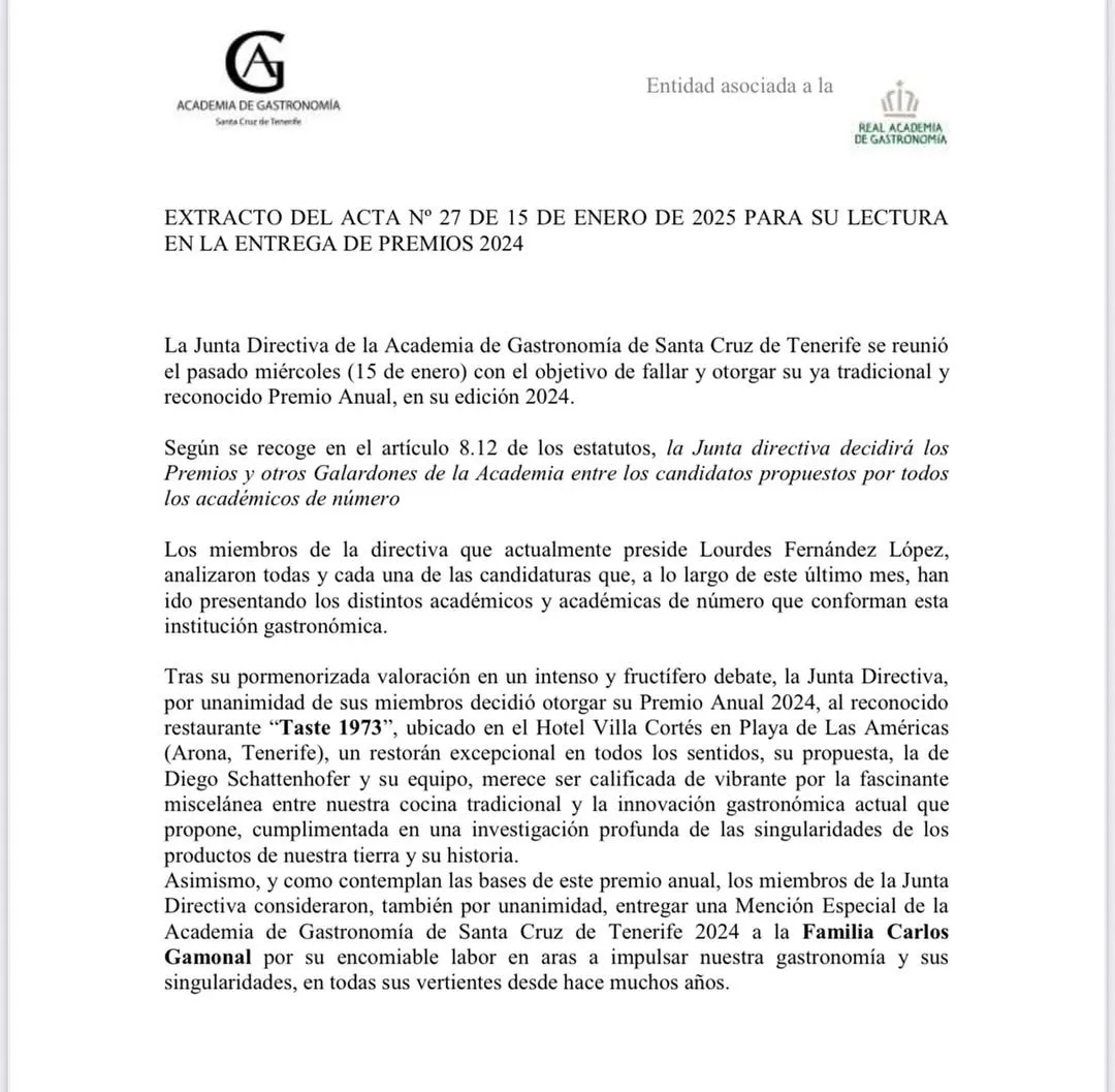 Excerpt from the Academia’s Minutes No. 27 with the ruling on the 2024 Annual Award