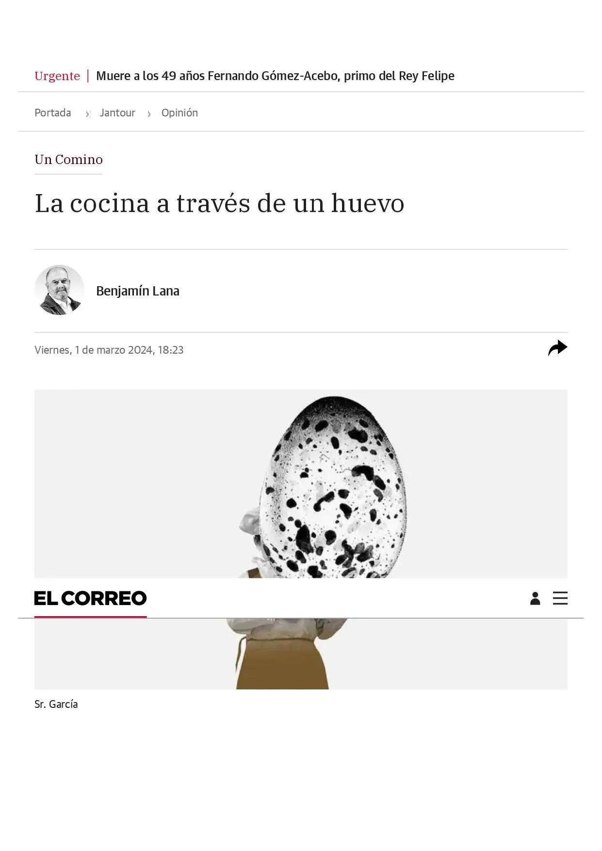 Page 1 of 7 of the article “La cocina a través de un huevo”, by Benjamín Lana