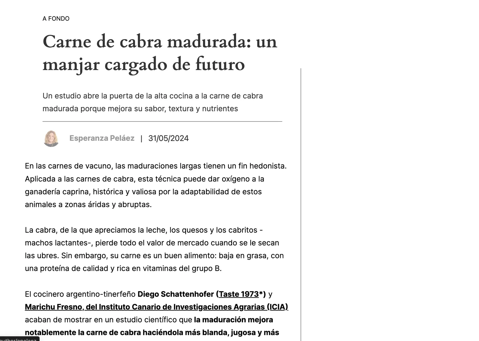 7 Caníbales article on matured goat meat, signed by Esperanza Peláez