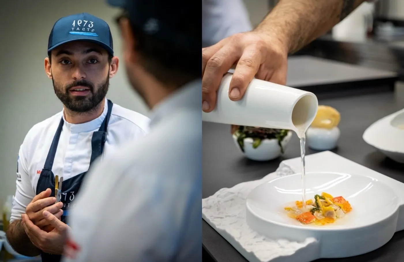 On the left, a chef wearing a Taste 1973 cap and apron explains something to a colleague; on the right, a hand pours a white jug of broth over a deep plate with vegetables and fish