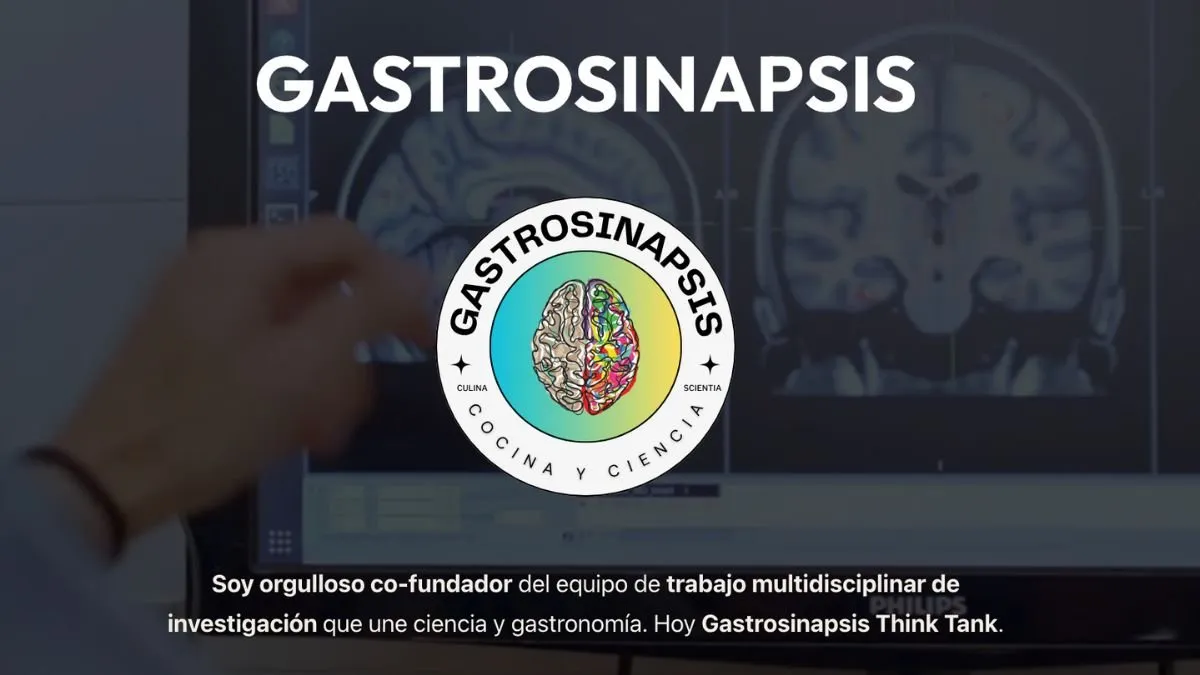 Gastrosinapsis logo, cuisine and science, over brain scan images on a screen