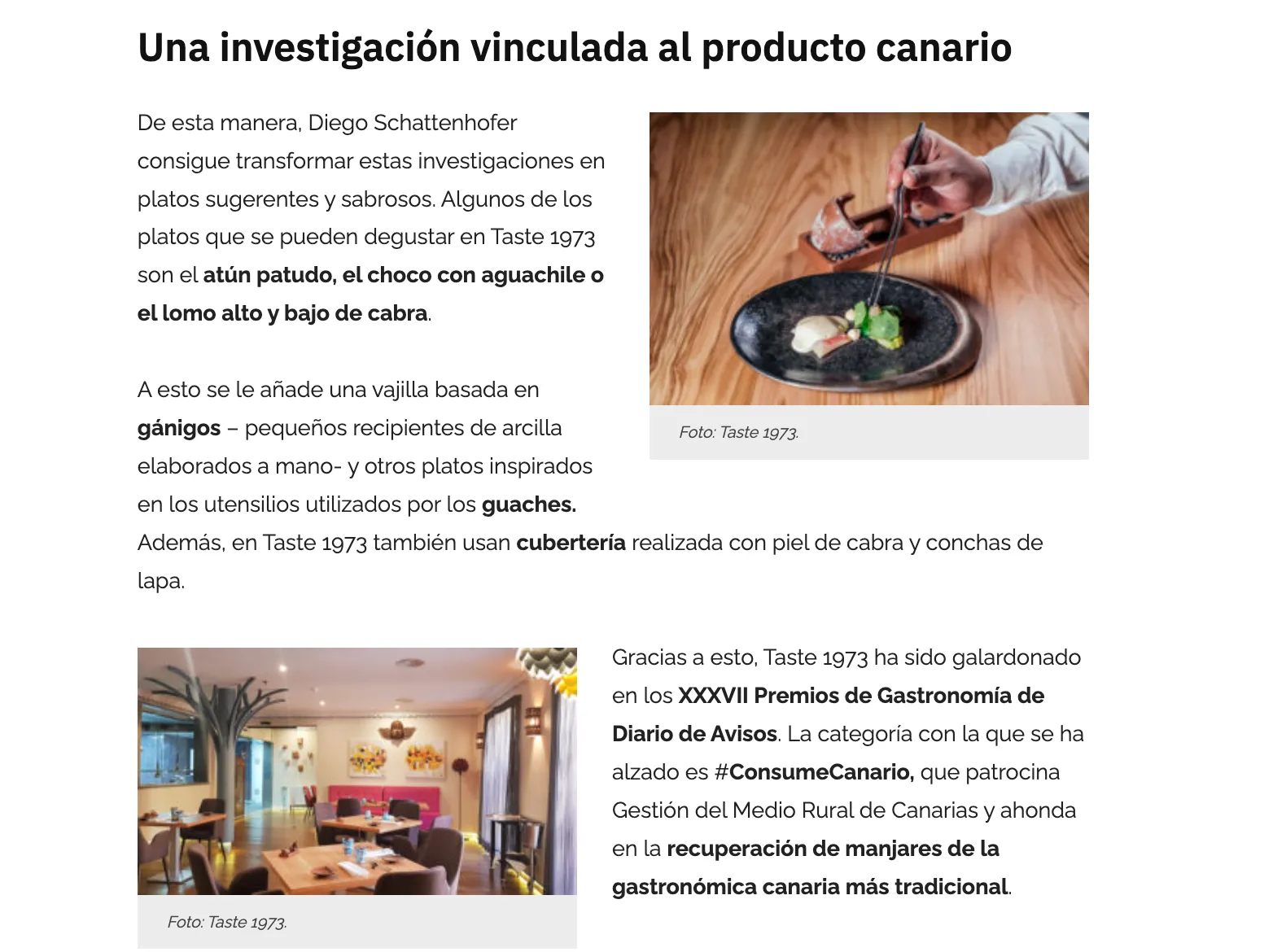 Recorte de la nota de prensa «Una investigación vinculada al producto canario» sobre Taste 1973