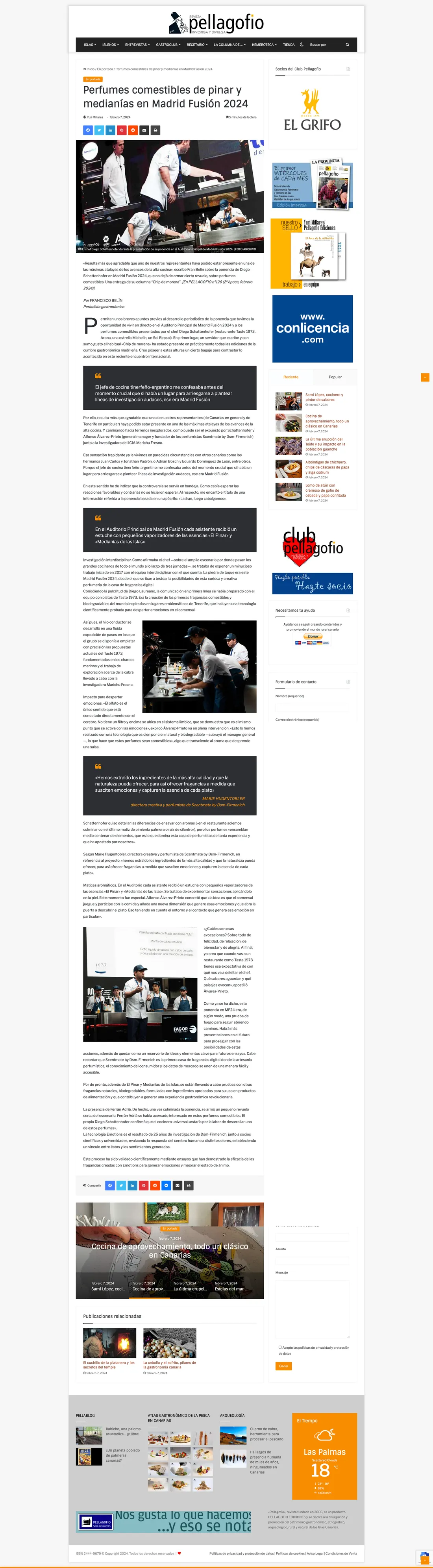 Screenshot of the PellaGofio.es article on the edible perfumes of pinar and medianías
