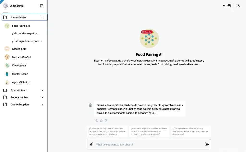 Food Pairing AI tool open in the suite with the list of tools on the left