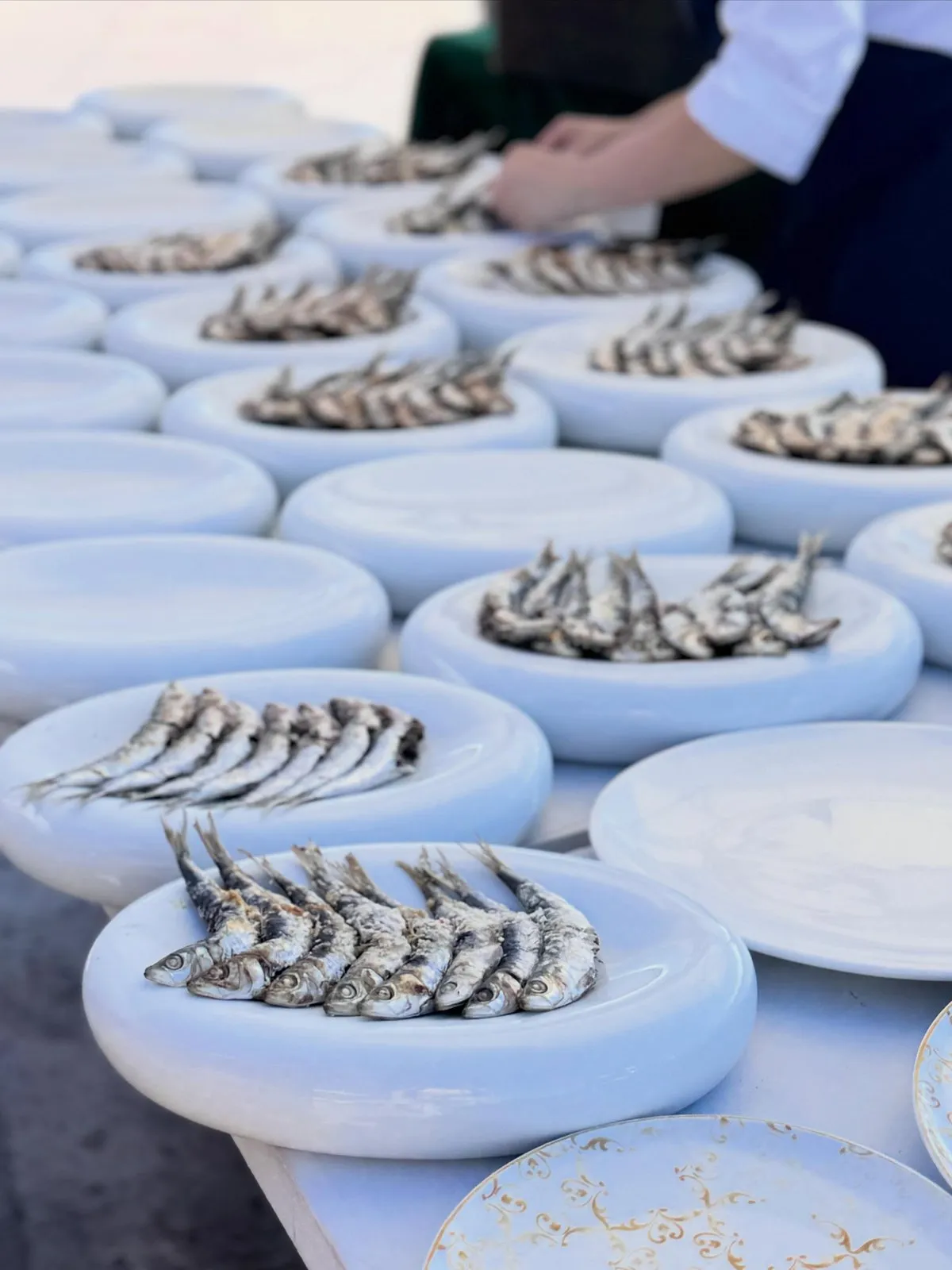 Bandejas blancas con sardinas dispuestas en abanico sobre una mesa larga, con las manos de un camarero terminando el emplatado al fondo