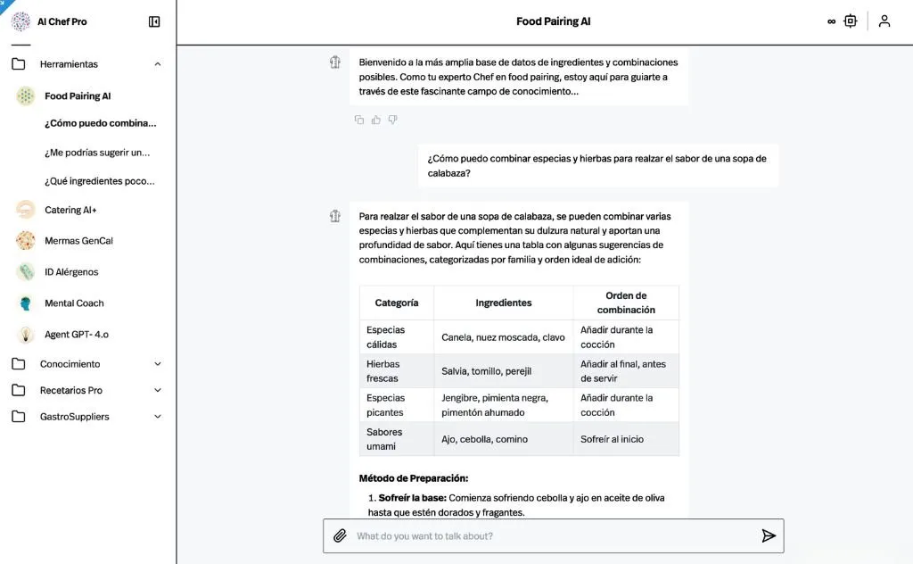 Food Pairing AI response with a table of spices and herbs for a pumpkin soup