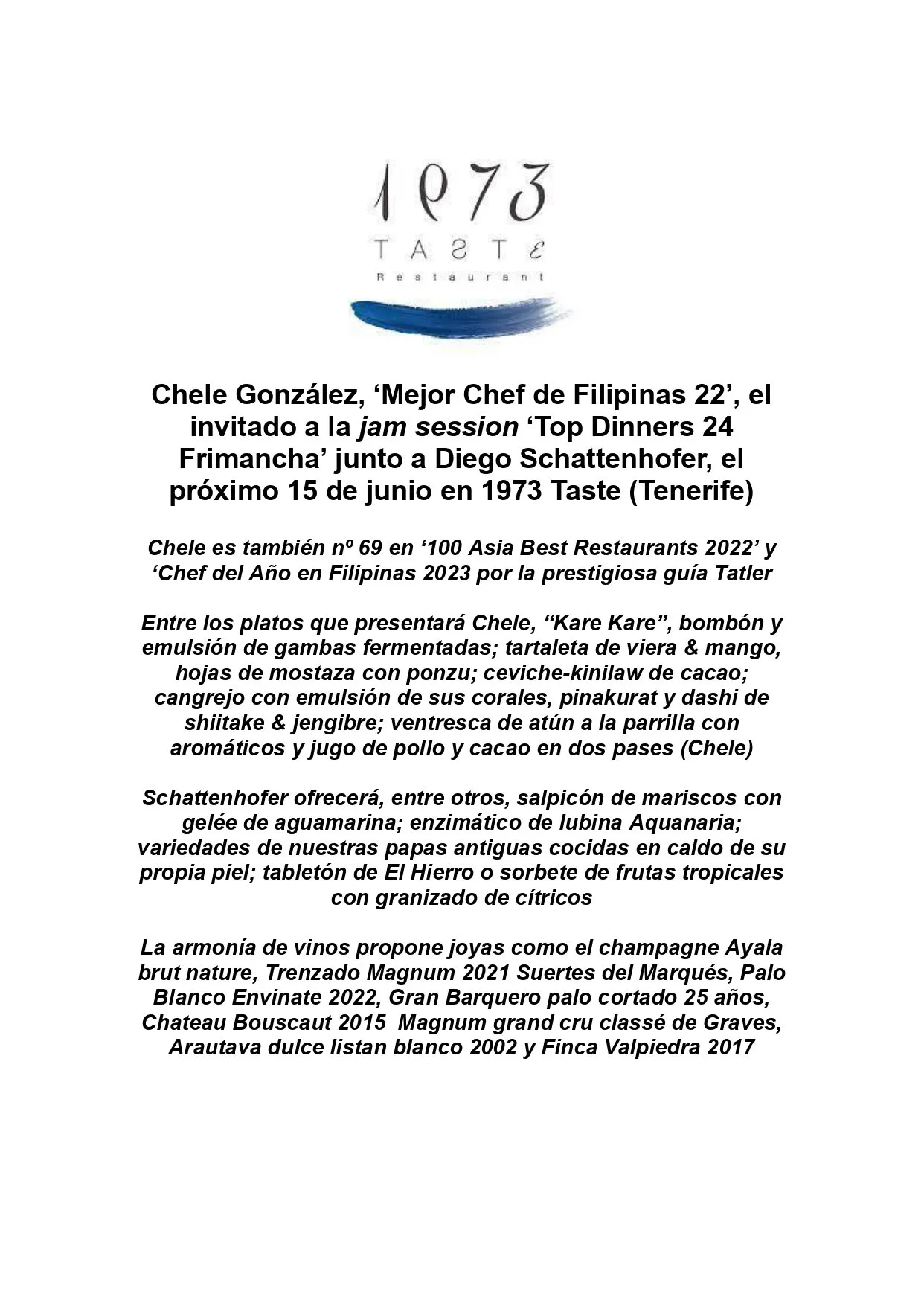 Press release for the TOP Dinners Frimancha 2024 event at Taste 1973, page 1 of 5