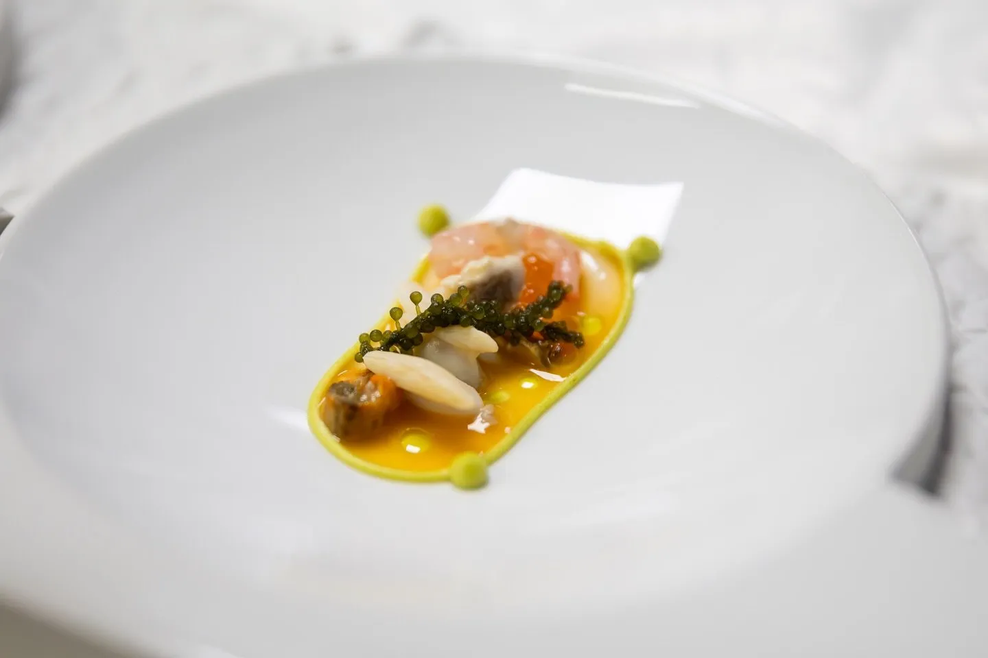 Seafood salad served in a deep white dish: shellfish, white slivers, orange roe and sea grapes on an orange base bordered with green