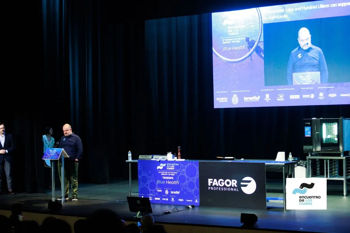 Stage with lectern, screen and kitchen at the congress opening