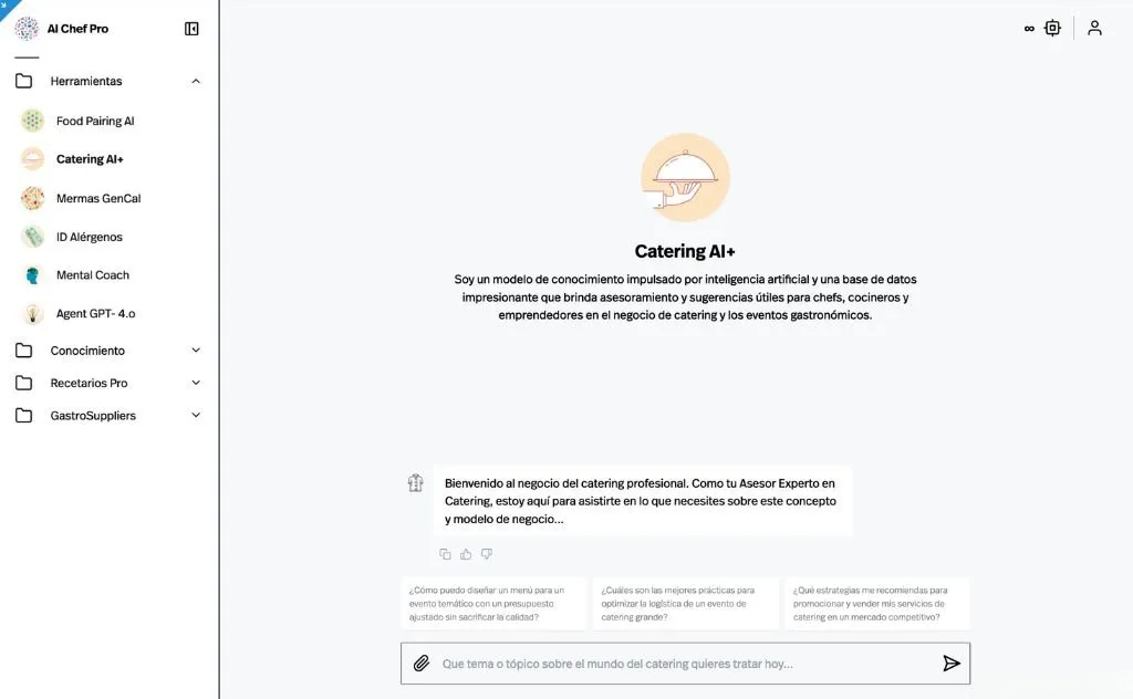 Catering AI+ tool homepage with its suggested questions