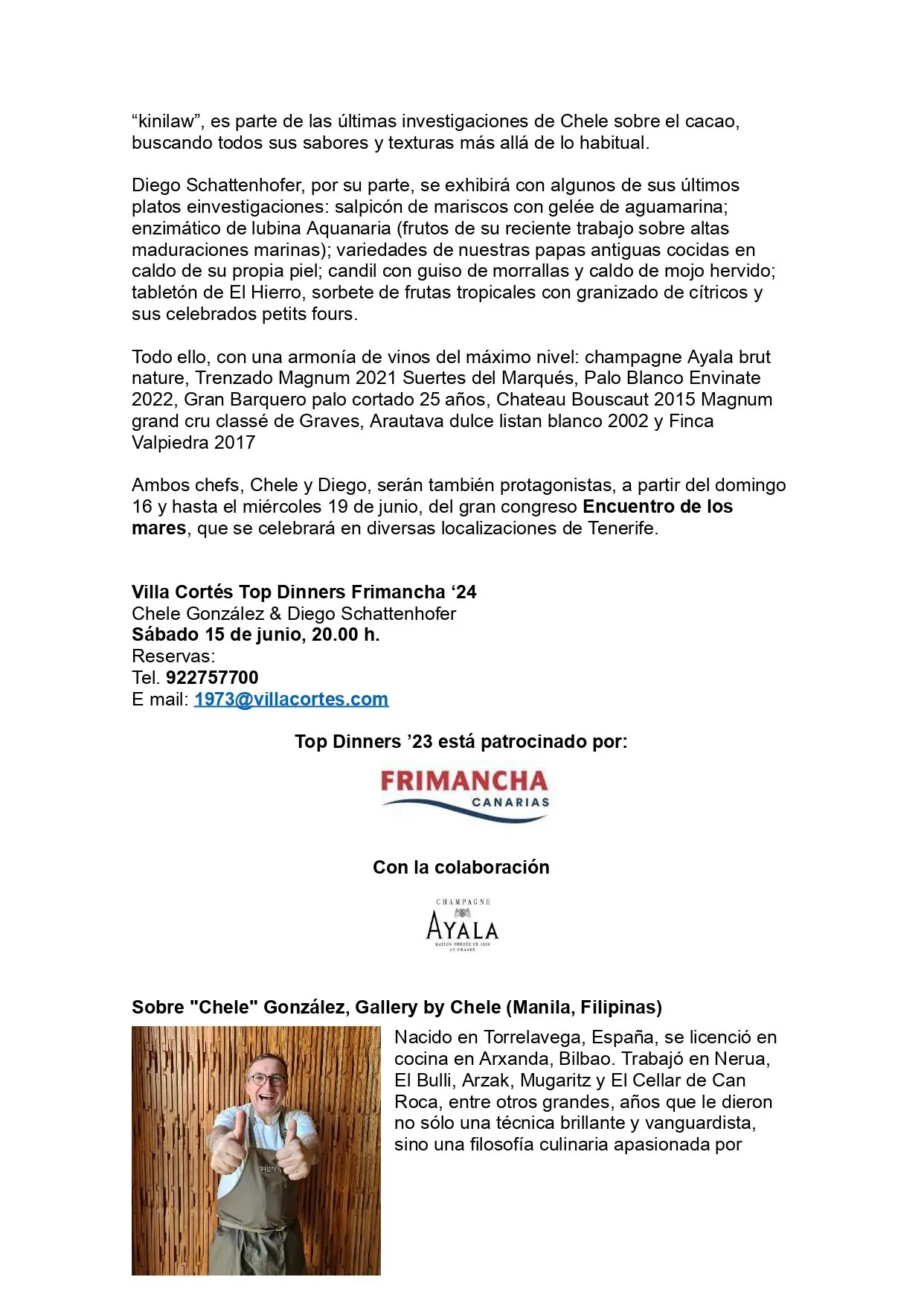 Press release for the TOP Dinners Frimancha 2024 event at Taste 1973, page 3 of 5