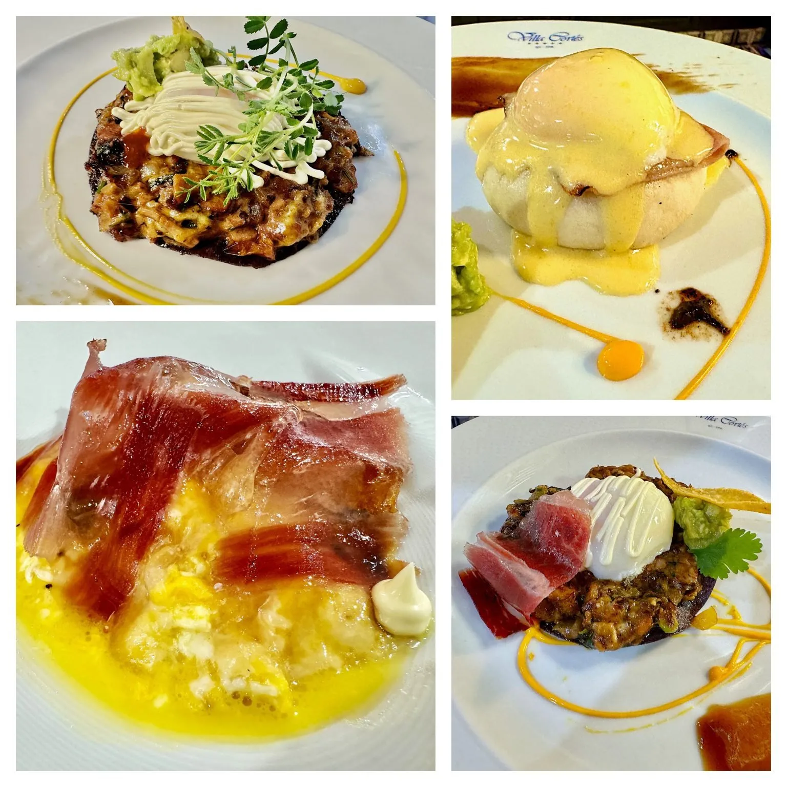 Four egg preparations from the breakfast with guacamole, ham and hollandaise sauce