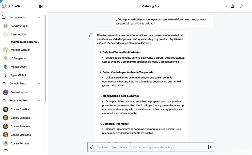 Catering AI+ responds with recommendations for designing the menu of a themed event