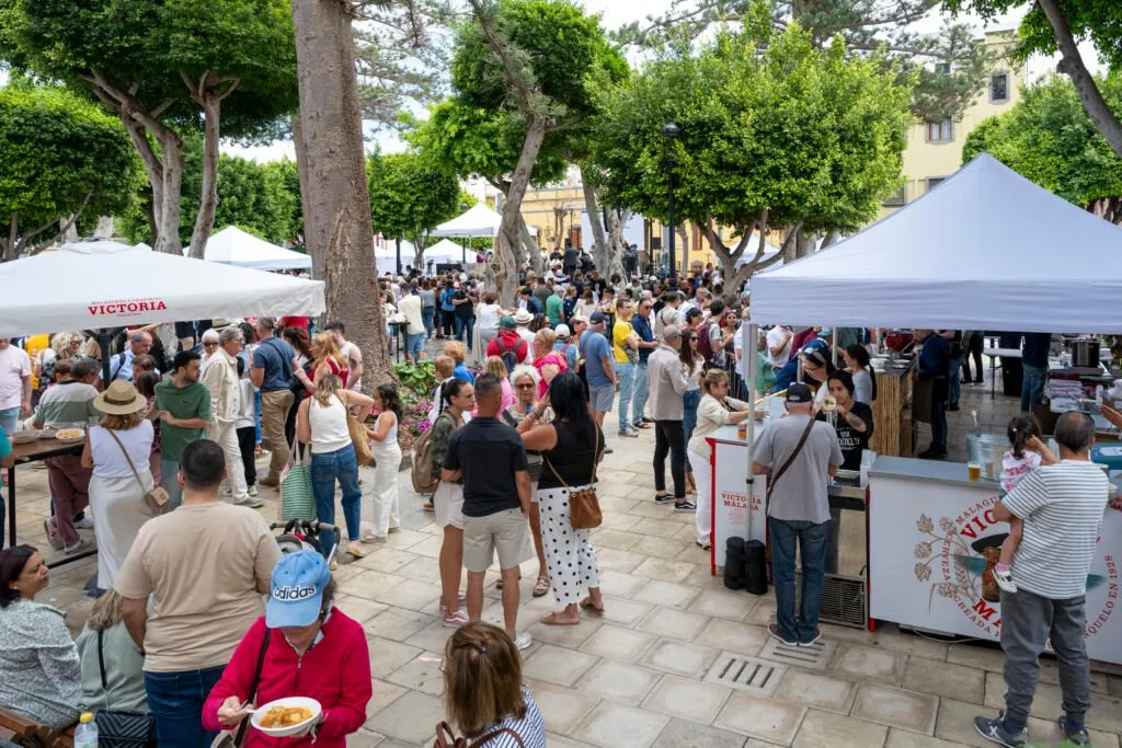 The street in Gáldar with the white marquees of the stalls and the crowd strolling among them