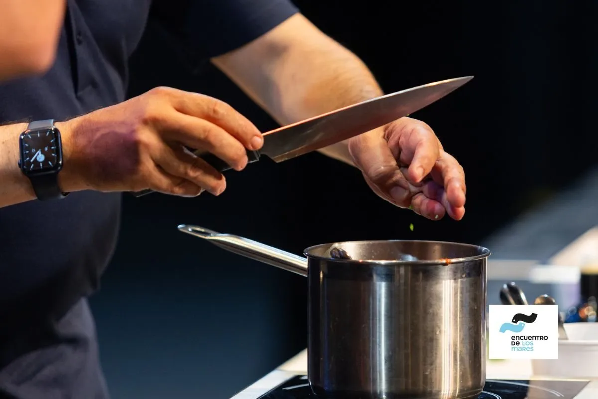 A cook’s hands with a knife over a pot during a demonstration