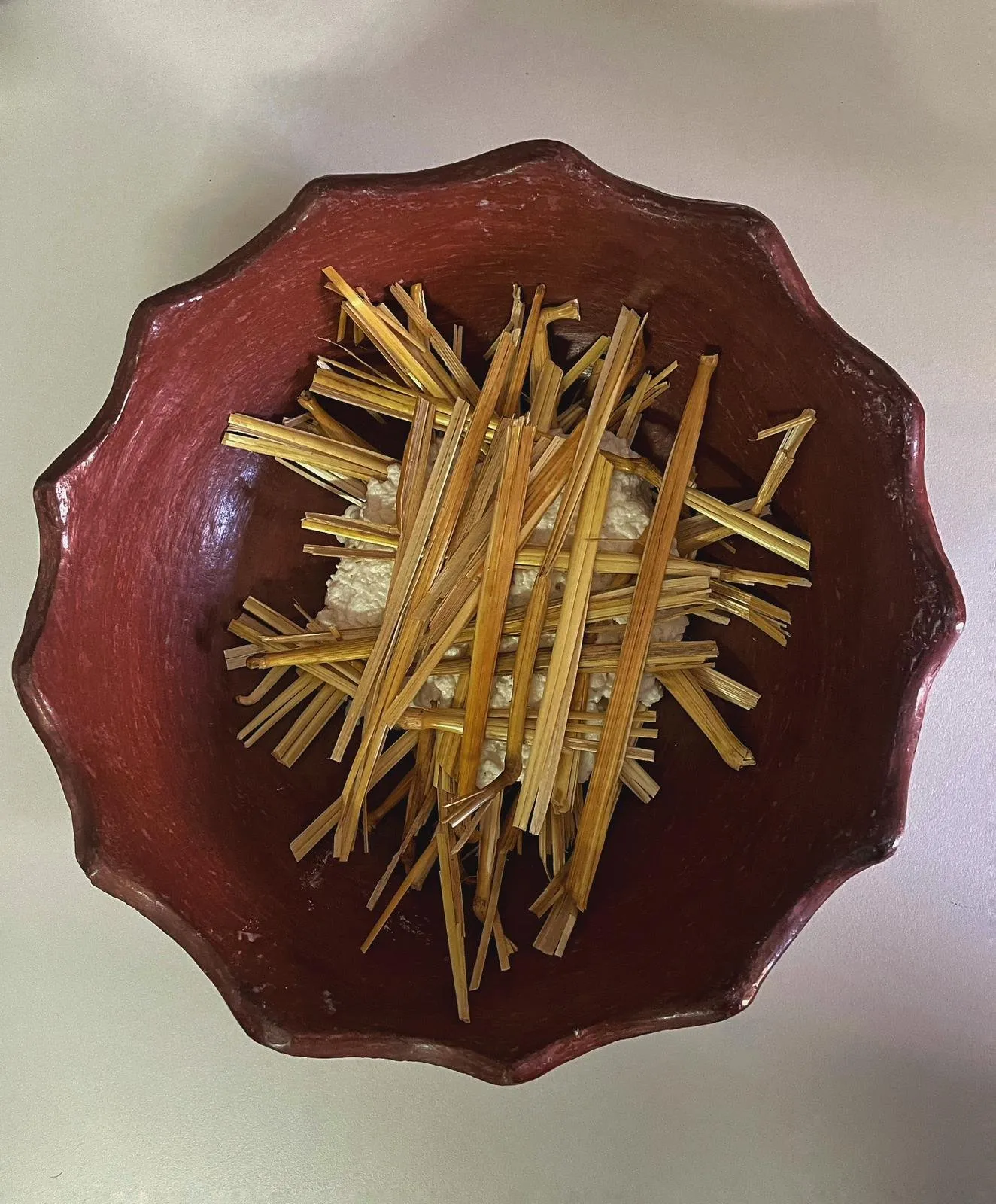 Cheese pressed between plant stems presented on an earthenware platter