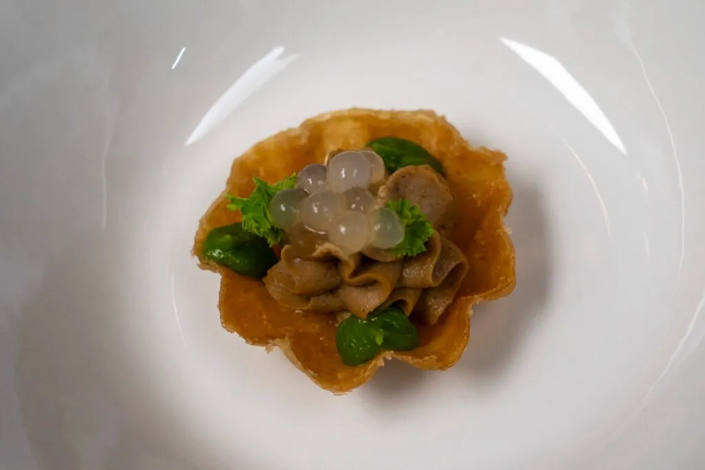 A dish with a crispy basket filled with stew and transparent pearls