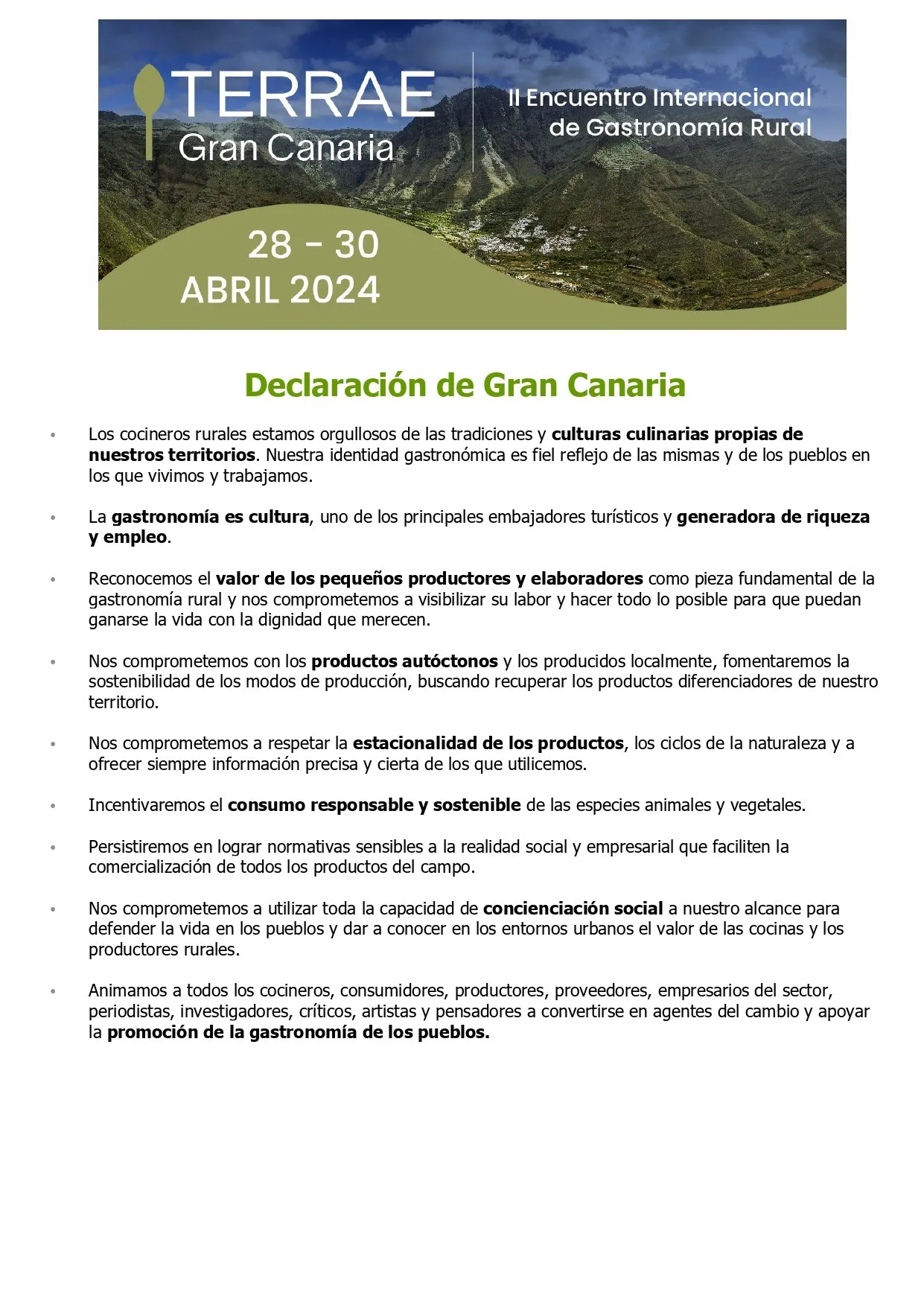 First page of the Declaration of Gran Canaria from Terrae 2024, with the gathering’s poster and the rural chefs’ commitments