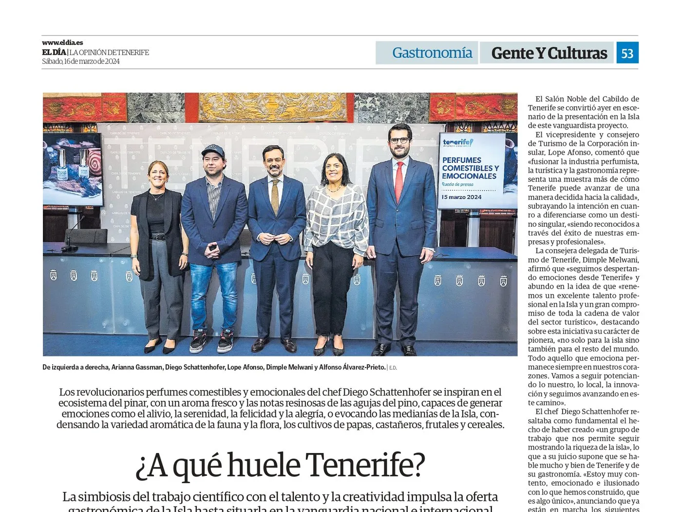 Page from the newspaper El Día, 16 March 2024, with the photo of the press conference for the edible perfumes at the Cabildo de Tenerife and the headline «¿A qué huele Tenerife?»
