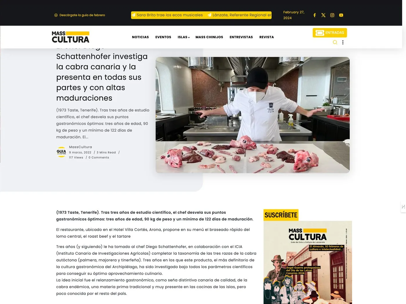 Screenshot of the MassCultura article, with Diego Schattenhofer in the kitchen behind a table with the butchered cuts of a Canarian goat