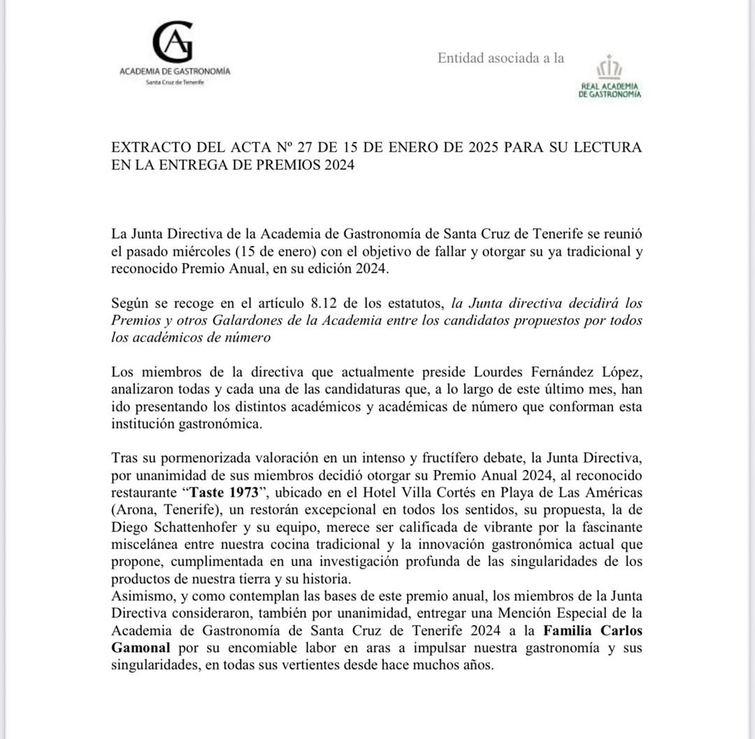 Taste 1973 Recibe el Premio Anual 2024 de la Academia de Gastronomía de Santa Cruz de Tenerife 